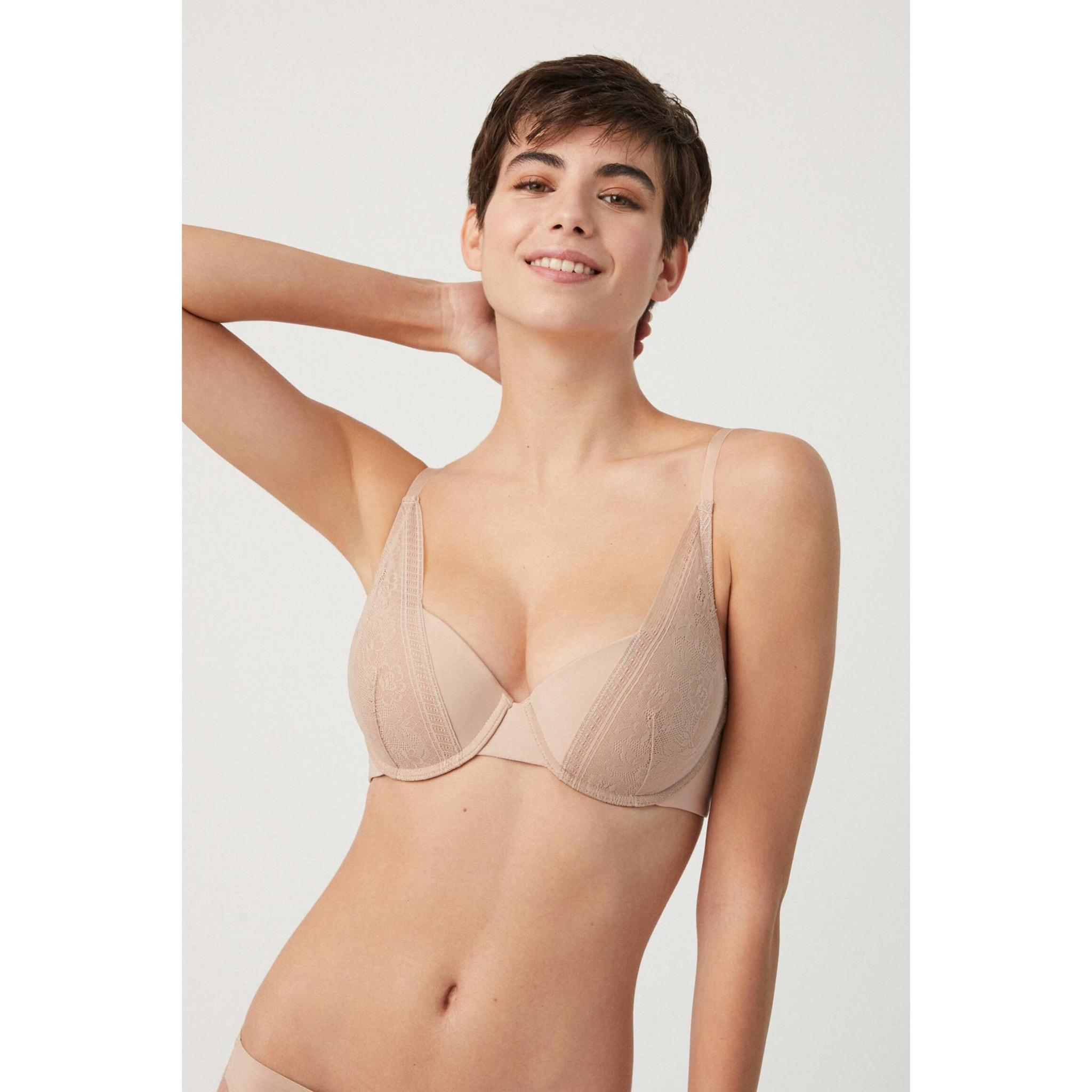Reggiseno imbottito con ferretto in pizzo beige, coppe B e C