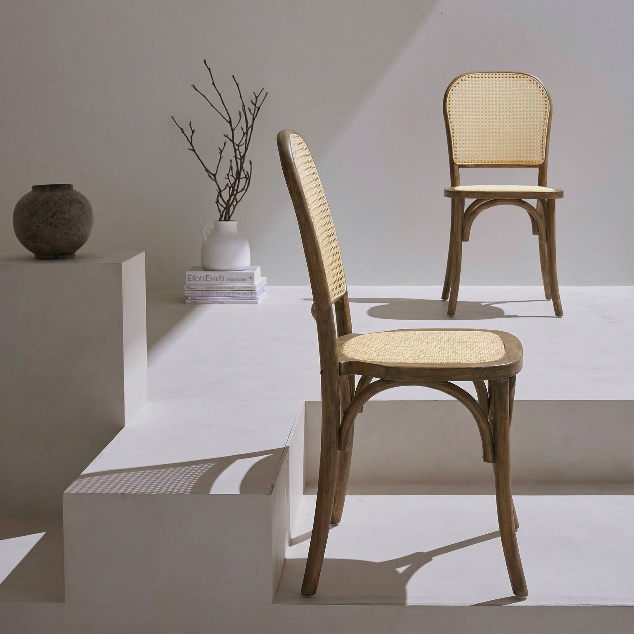 Lot de deux chaises vintage en bois marron vieilli avec assise et dossier en rotin