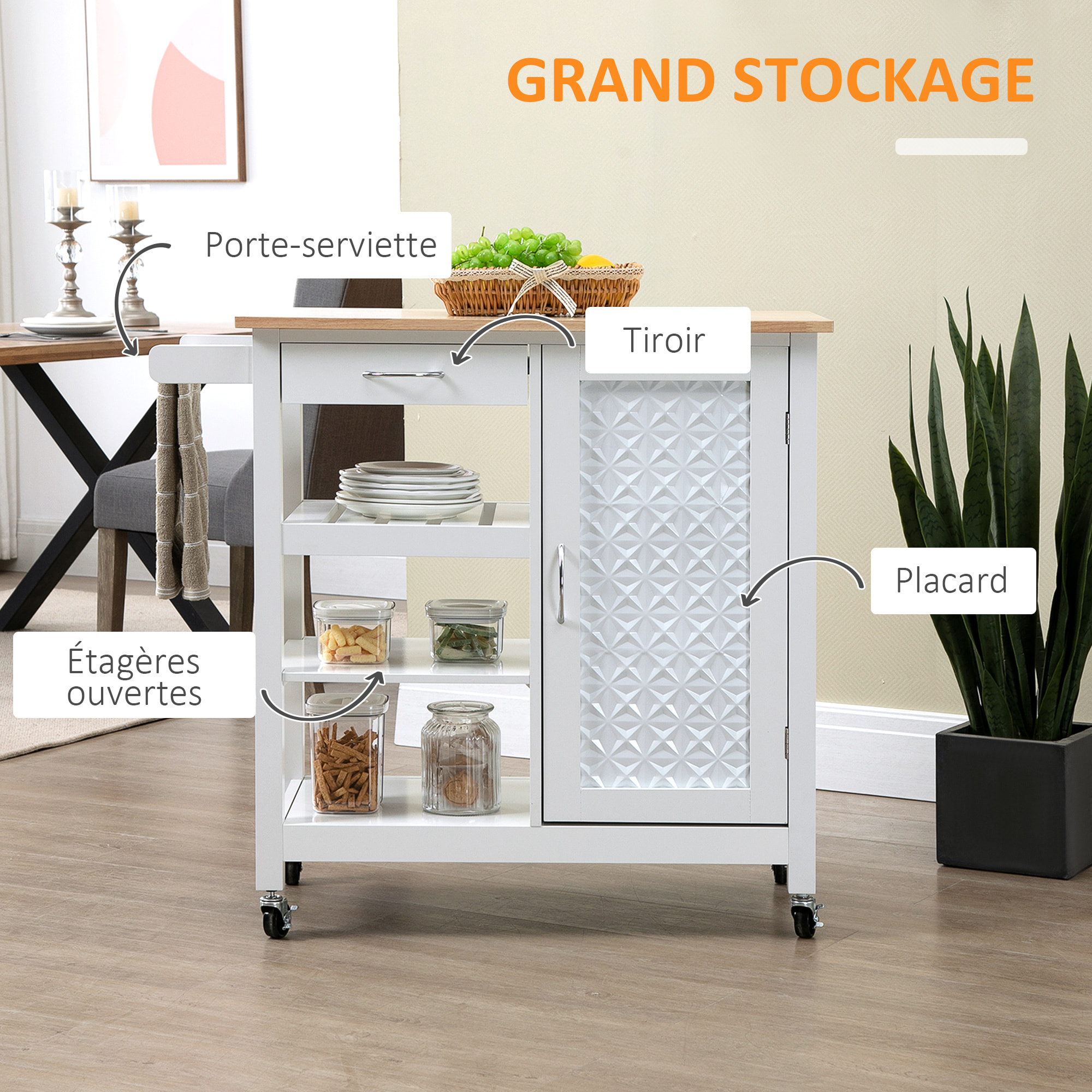 Desserte de cuisine style contemporain - porte, tiroir, 3 étagères - poignées métal MDF blanc plateau bois pin