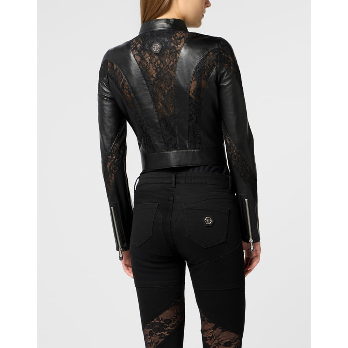 PHILIPP PLEIN Fitted Biker Jacket with Lace Inserts