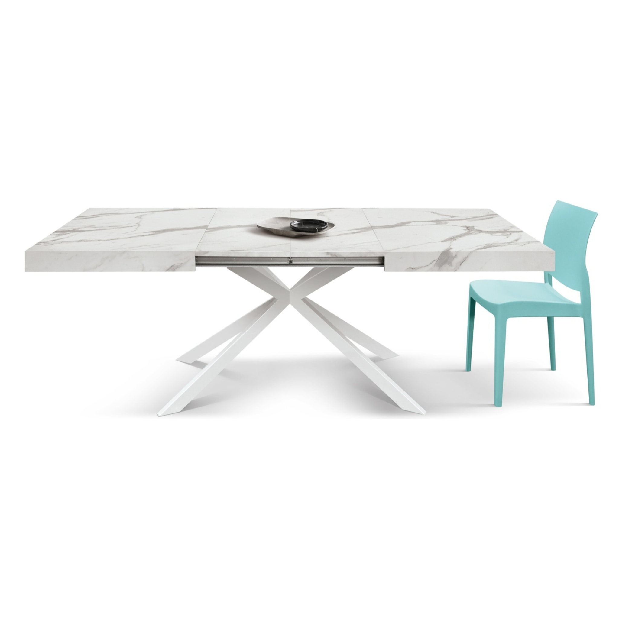 Tavolo CAMAIORE in legno, finitura bianco statuario e gambe a X in metallo bianco, allungabile 160x90 cm - 240x90 cm