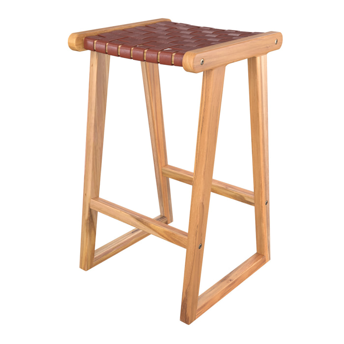 Tabouret de bar mi-hauteur Yuma en teck et cuir tressé marron