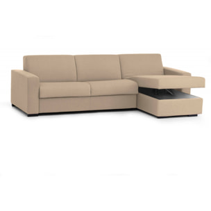 Divano Letto Alisea, Divano ad angolo, 100% Made in Italy, Sofà con apertura girevole, con Penisola contenitore reversibile, con Braccioli slim, Cm 260x95h90, Beige