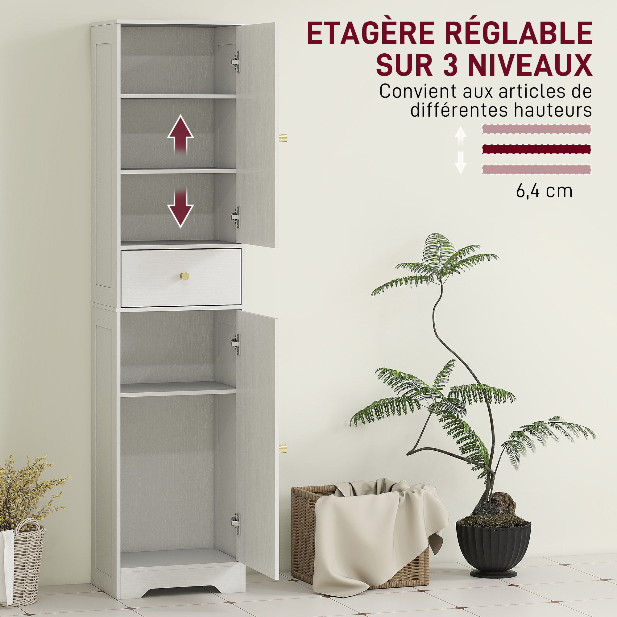 Colonne salle de bain design - 2 portes, 3 étagères, tiroir - dim. 40 x 29,5 x 170 cm - blanc doré