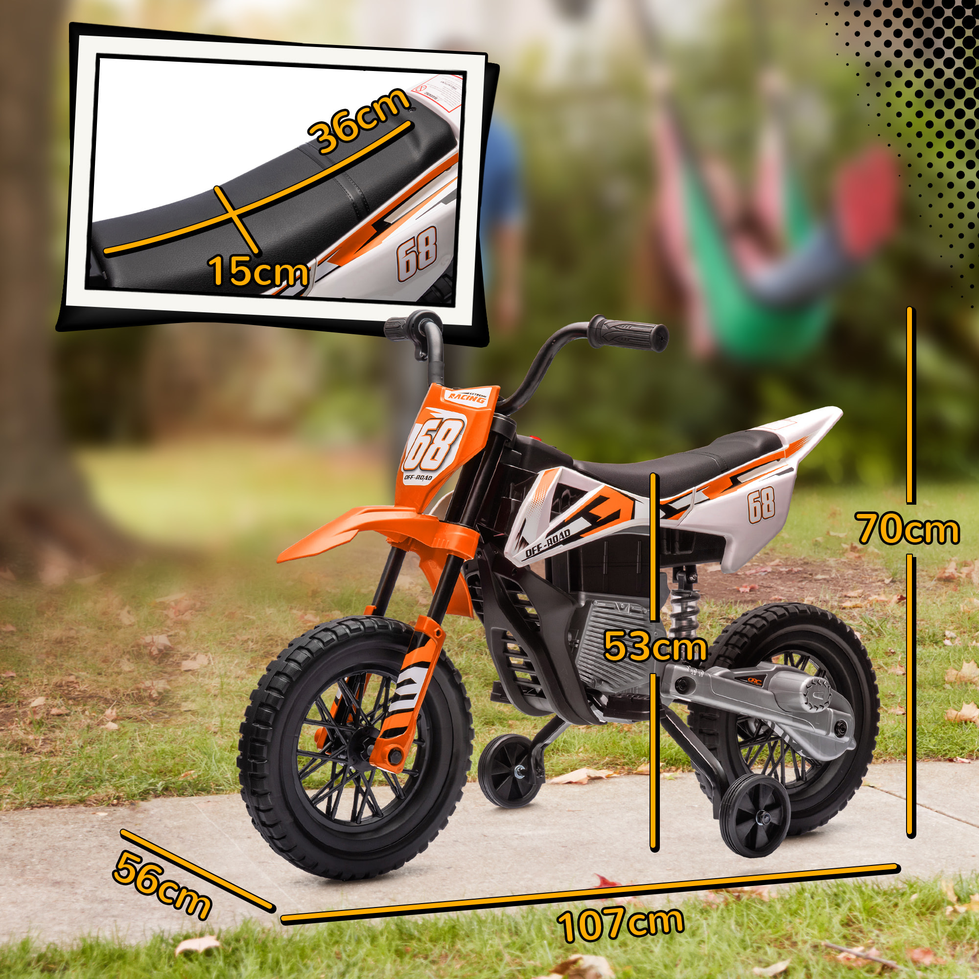 Moto cross électrique dirt bike enfant 12V 2 moteurs 2 vitesses 2,4-5 Km/h musiques orange
