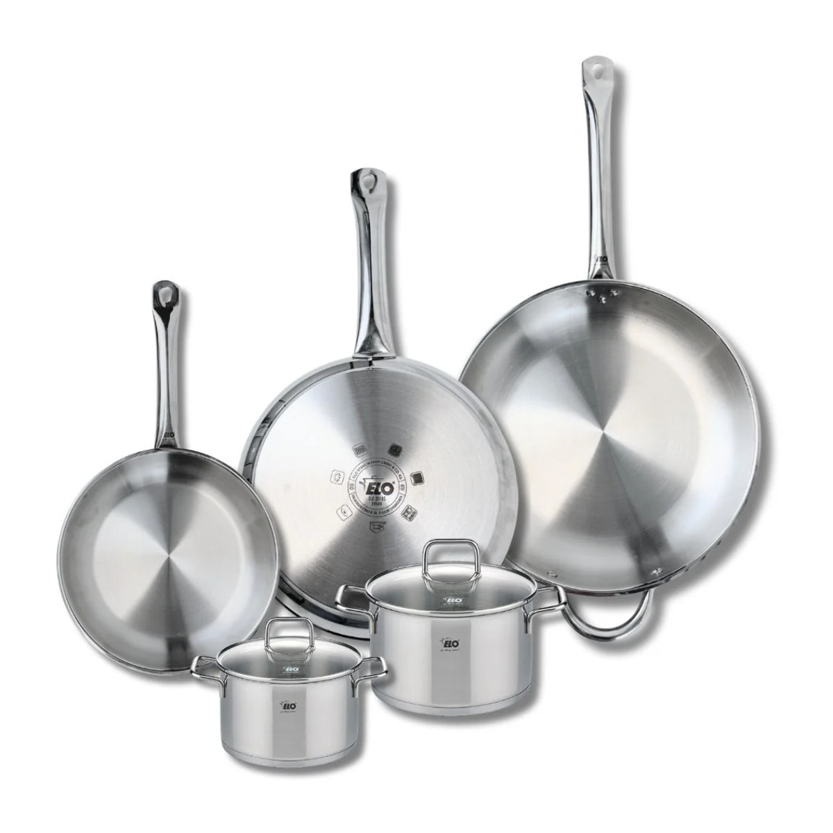 Ensemble de 3 Poêles de cuisson 24, 28 et 32 cm et 2 faitouts 14 et 16 cm Elo Profi Citrin