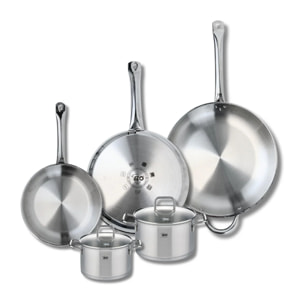 Ensemble de 3 Poêles de cuisson 24, 28 et 32 cm et 2 faitouts 14 et 16 cm Elo Profi Citrin