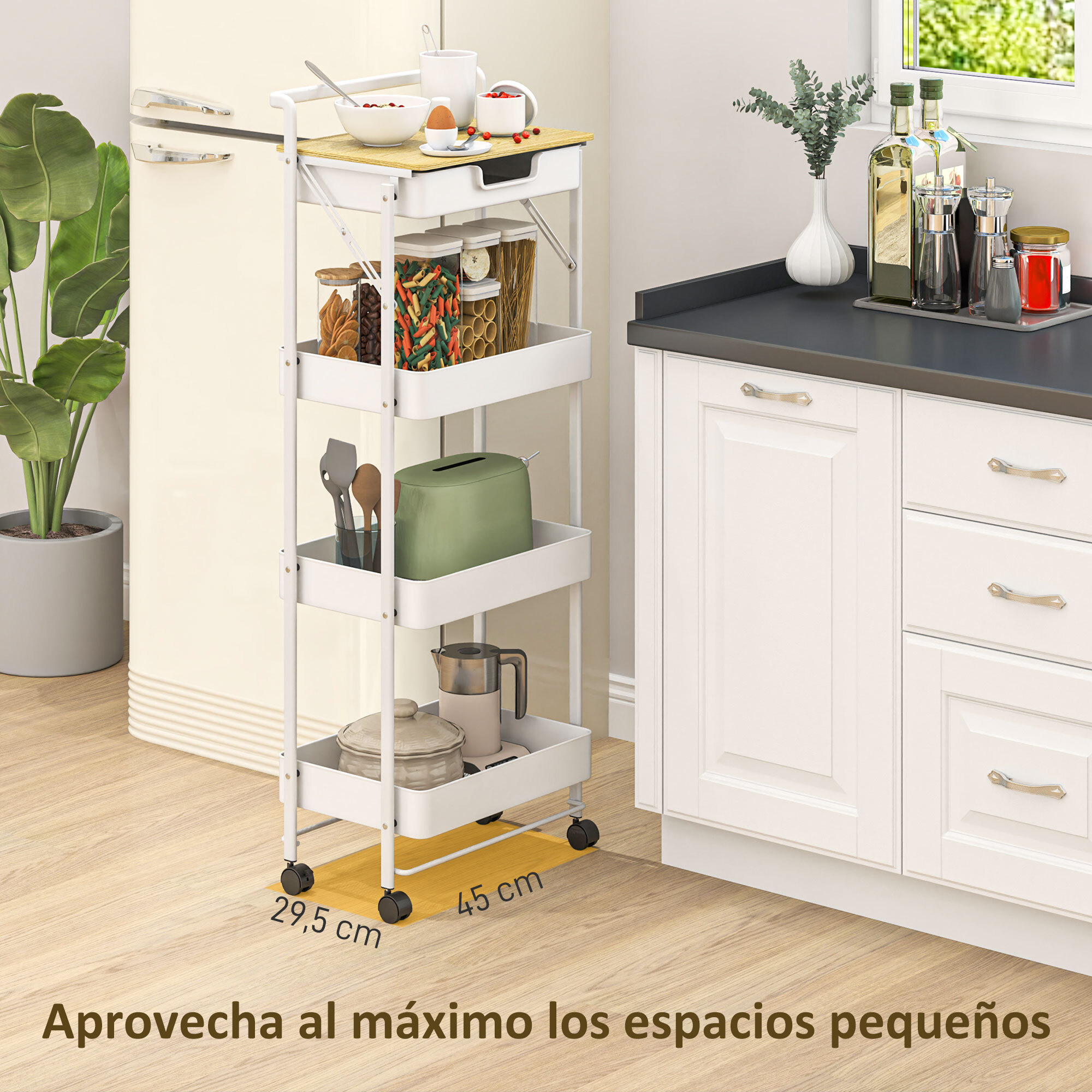 Carrito Auxiliar con Ruedas de 4 Niveles Carro de Cocina con 1 Cajón y 3 Cestas Carrito Organizador para Dormitorio Salón Oficina Blanco