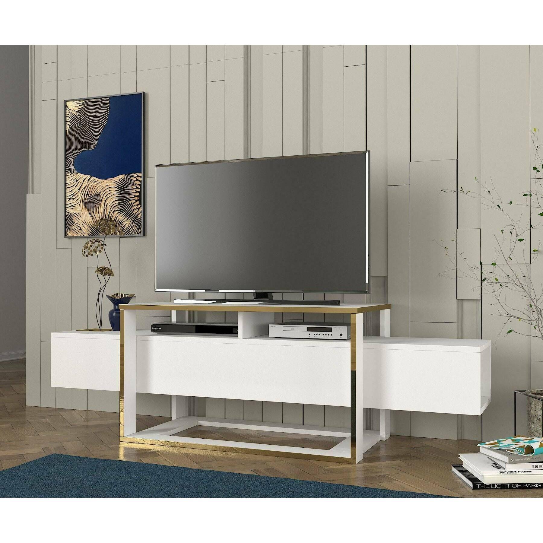 Mobile porta TV Dgiacint, Credenza da soggiorno, Armadio basso per TV, Base parete attrezzata, 160x46h50 cm, Bianco e Oro