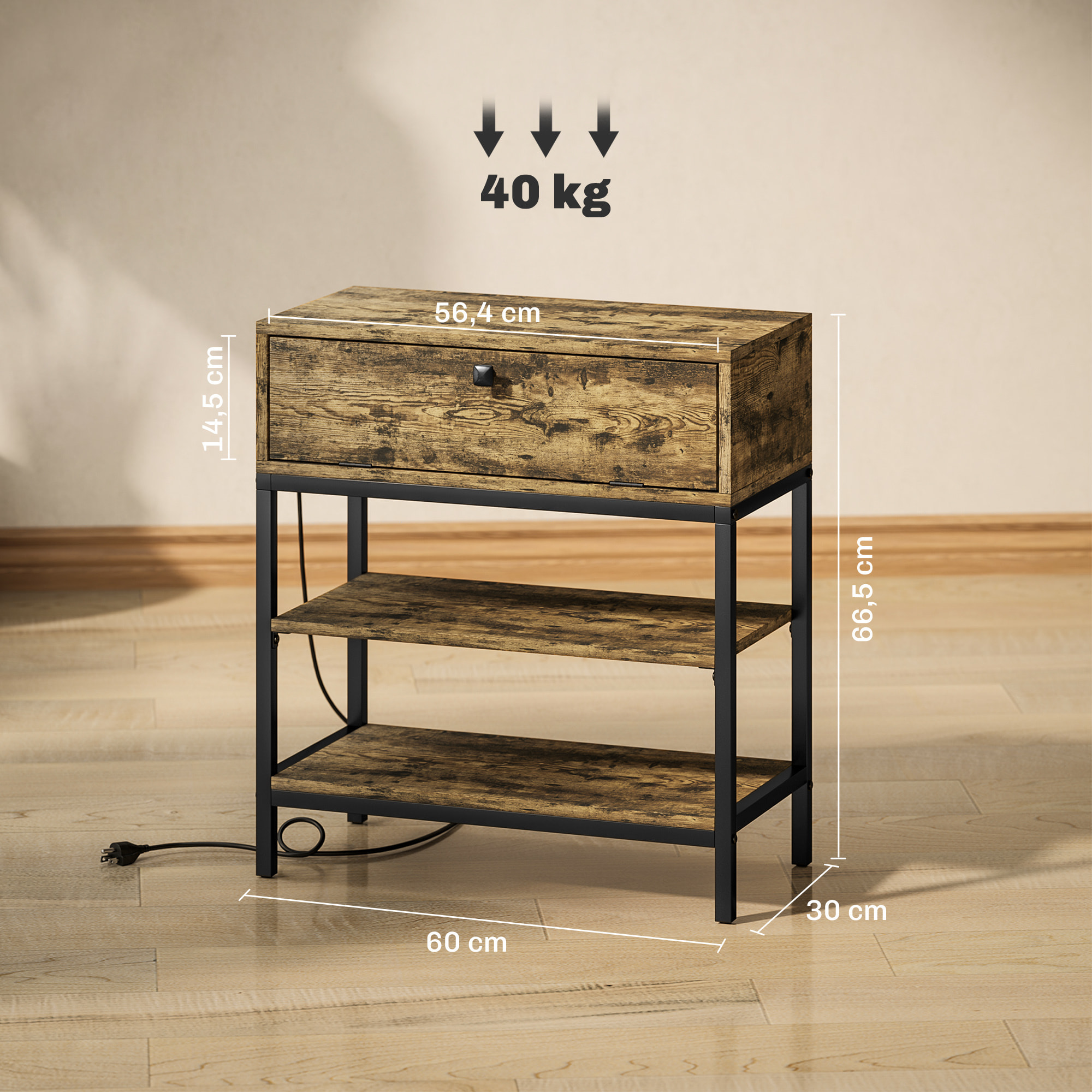 Mesa Auxiliar con Estación de Carga Mesita Auxiliar Industrial con Cajón y Estantes Abiertos Mesa Auxiliar para Salón Dormitorio Marrón Rústico