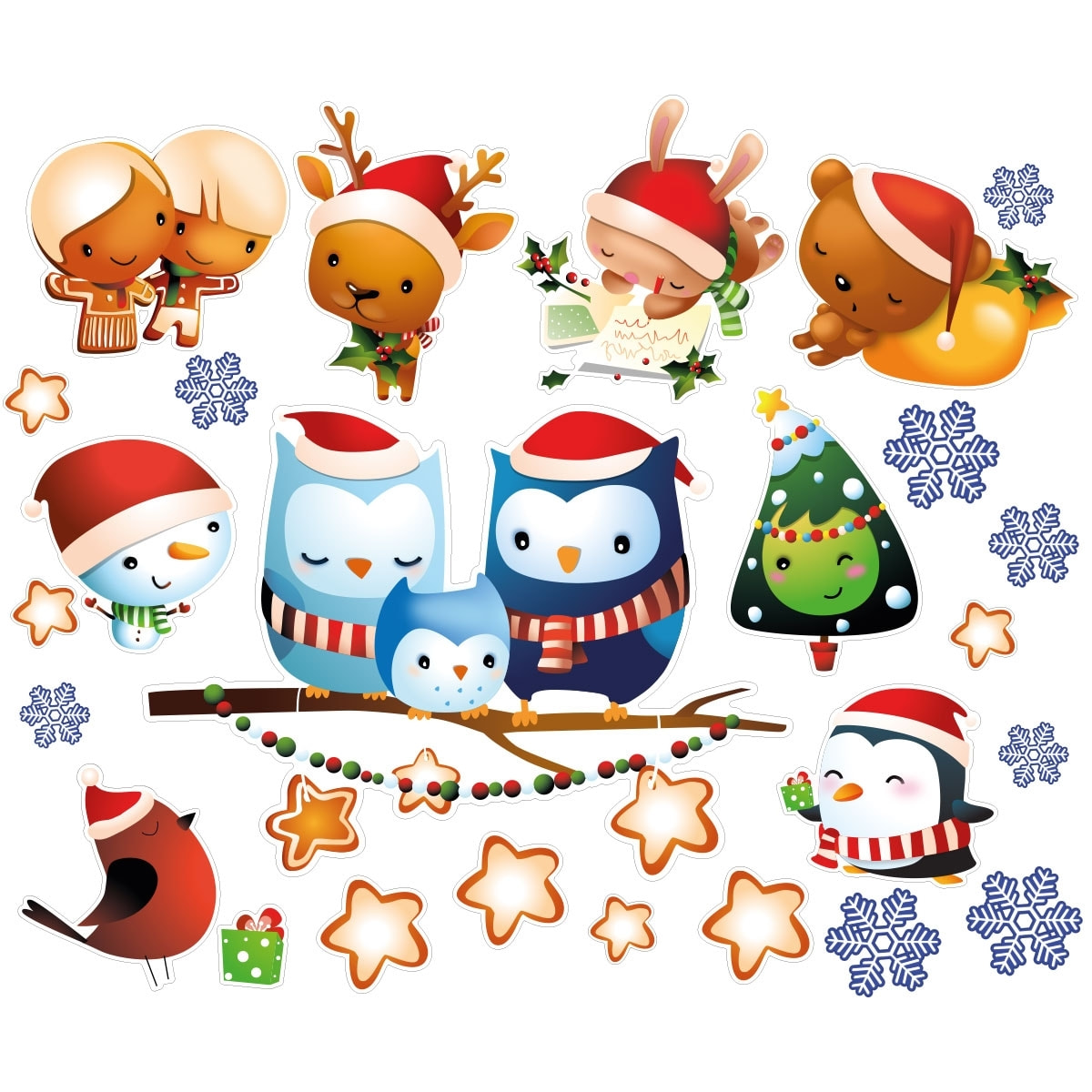 Sticker Noël famille hiboux et ses amis - Autocollants stickers adhésifs noël - décoration fêtes