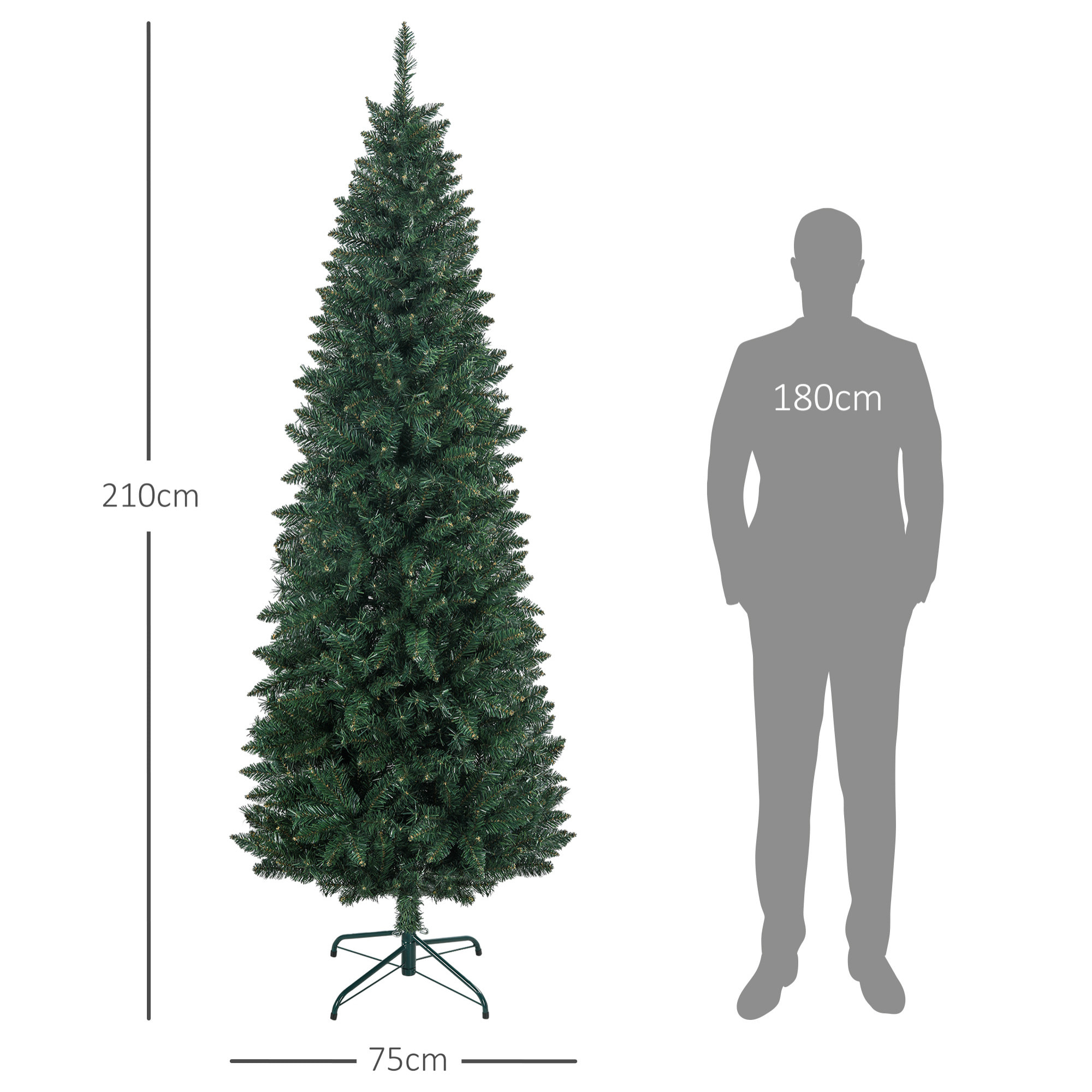 Sapin de Noël artificiel 210 cm slim avec support en acier pliable, 687 branches épines, décoration de Noël effet réaliste, vert