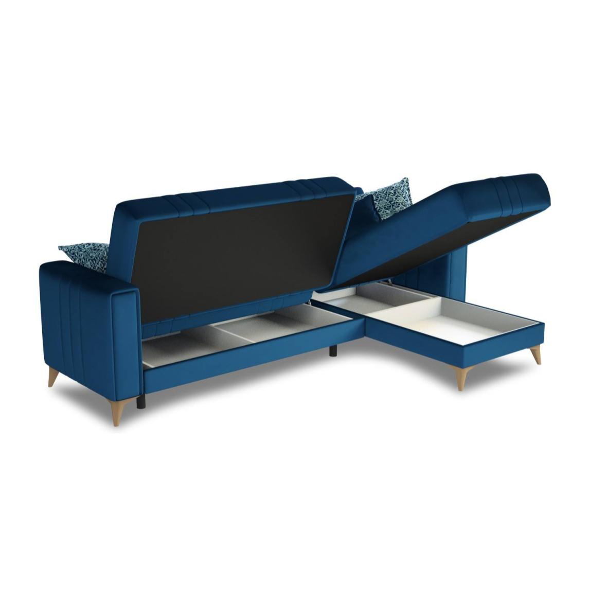 Divano letto Miguel, Divano letto contenitore ad angolo con 3 cuscini inclusi, Sofàin tessuto imbottito con apertura click-clack, con penisola reversibile, 225x151h84 cm, Blu