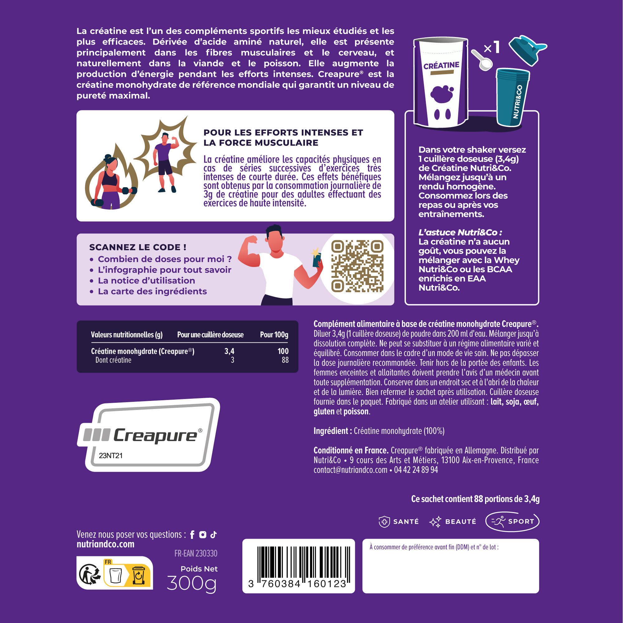 Nutri&Co Créatine Monohydrate Creapure® 100% Pure - Poudre 300g Goût Neutre