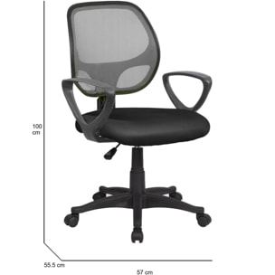 Sedia da ufficio Geraldton, Poltrona operativa a rete con braccioli, Seduta ergonomica da ufficio, 56x57h88/100 cm, Nero e Grigio