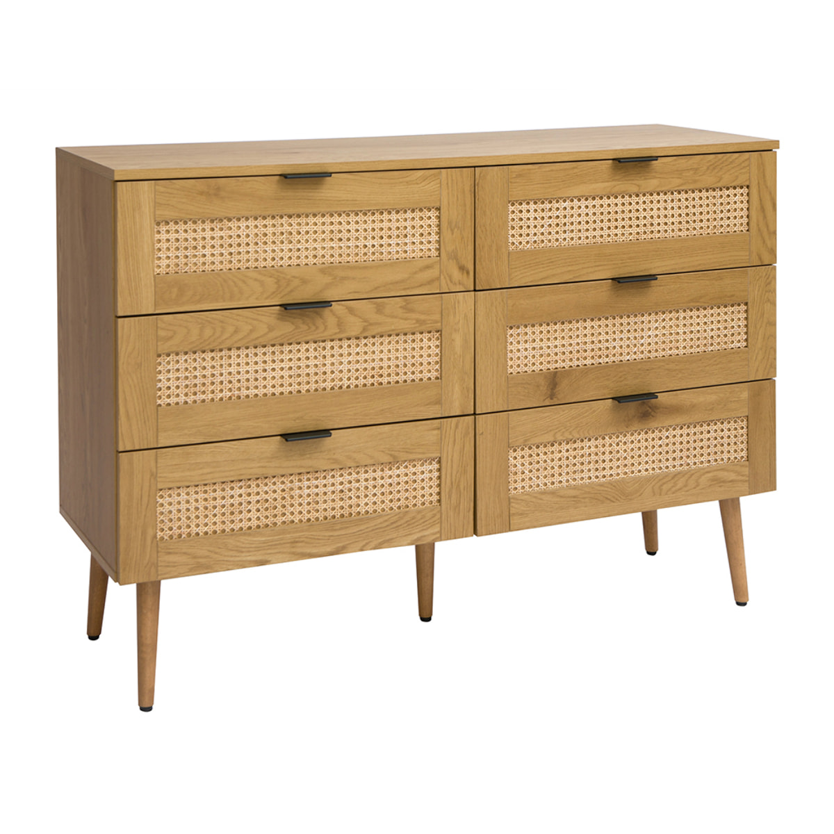 Commode finition bois clair, cannage en rotin et métal noir 6 tiroirs L120 cm MANILLE