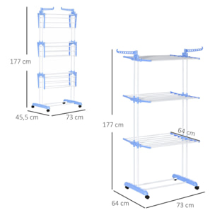 Sechoir à linge étendoir pliable 3 niveaux 2 ailes latérales à cintres acier blanc PP bleu