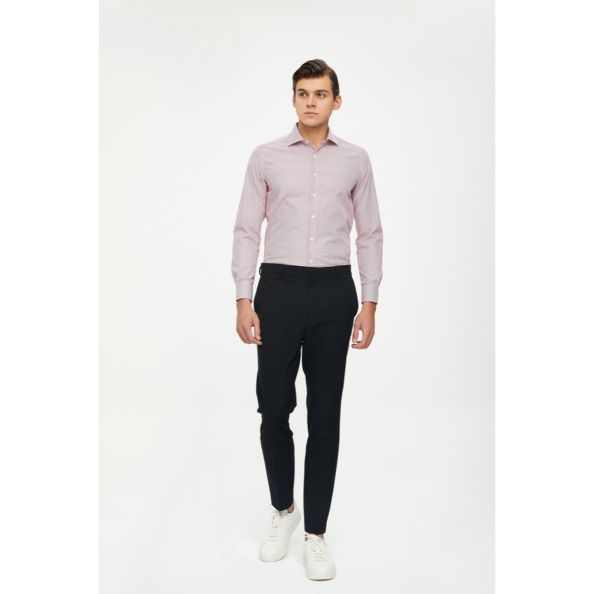 Camicia Uomo 1 Bottone Francese Slim Cotone Riga Stretta Rosso Bordeaux/Bianco