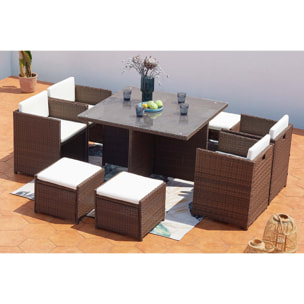 Table et chaises 8 places encastrables résine marron-blanc REGINA
