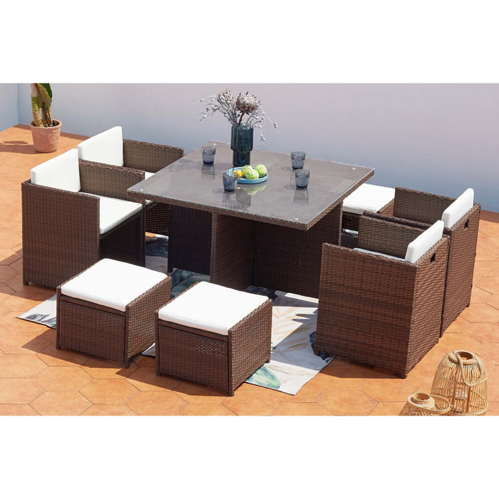 Table et chaises 8 places encastrables résine marron-blanc REGINA
