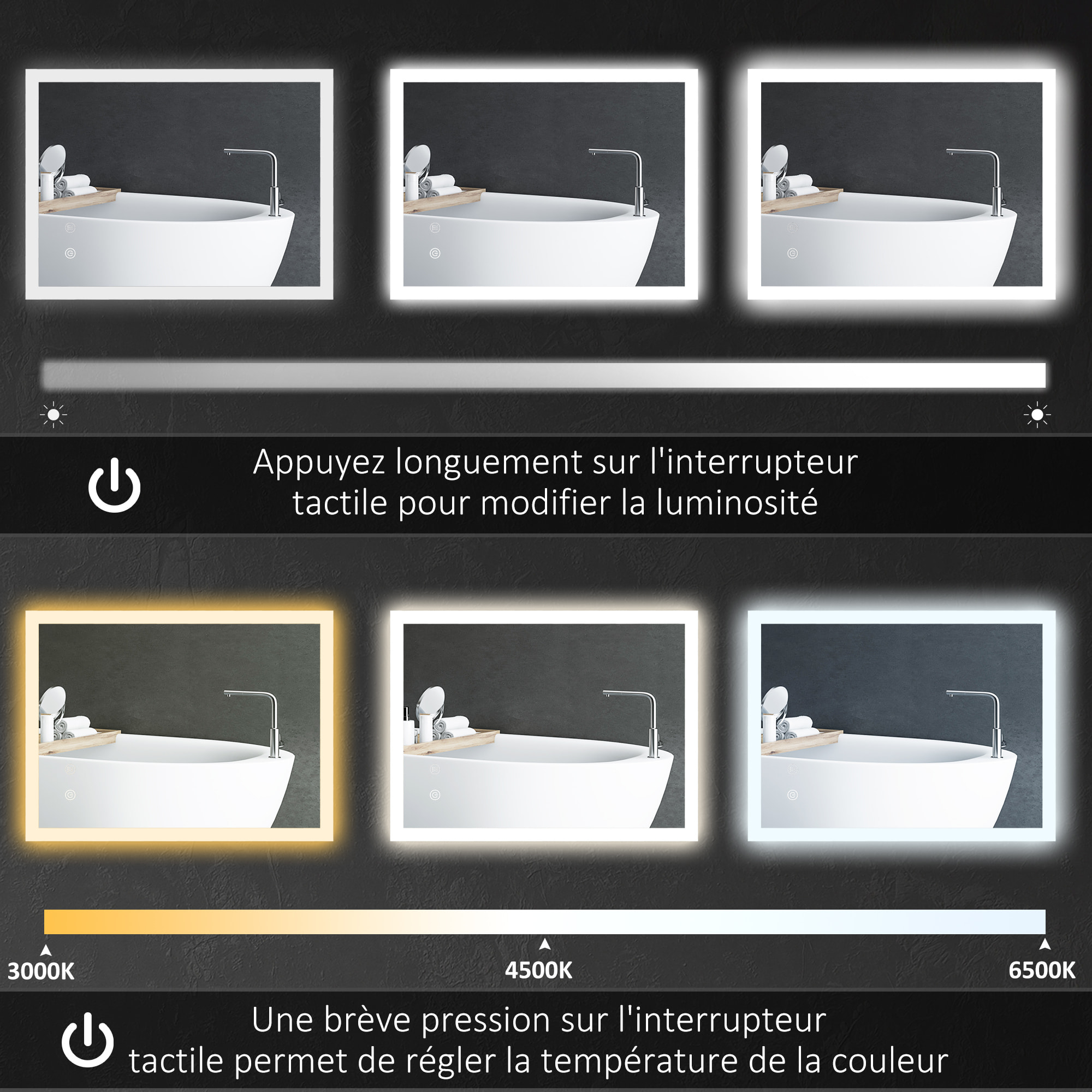 Miroir mural lumineux LED de salle de bain - 80 x 60 cm - avec 3 couleurs, luminosité réglable interrupteur tactile système antibuée transparent