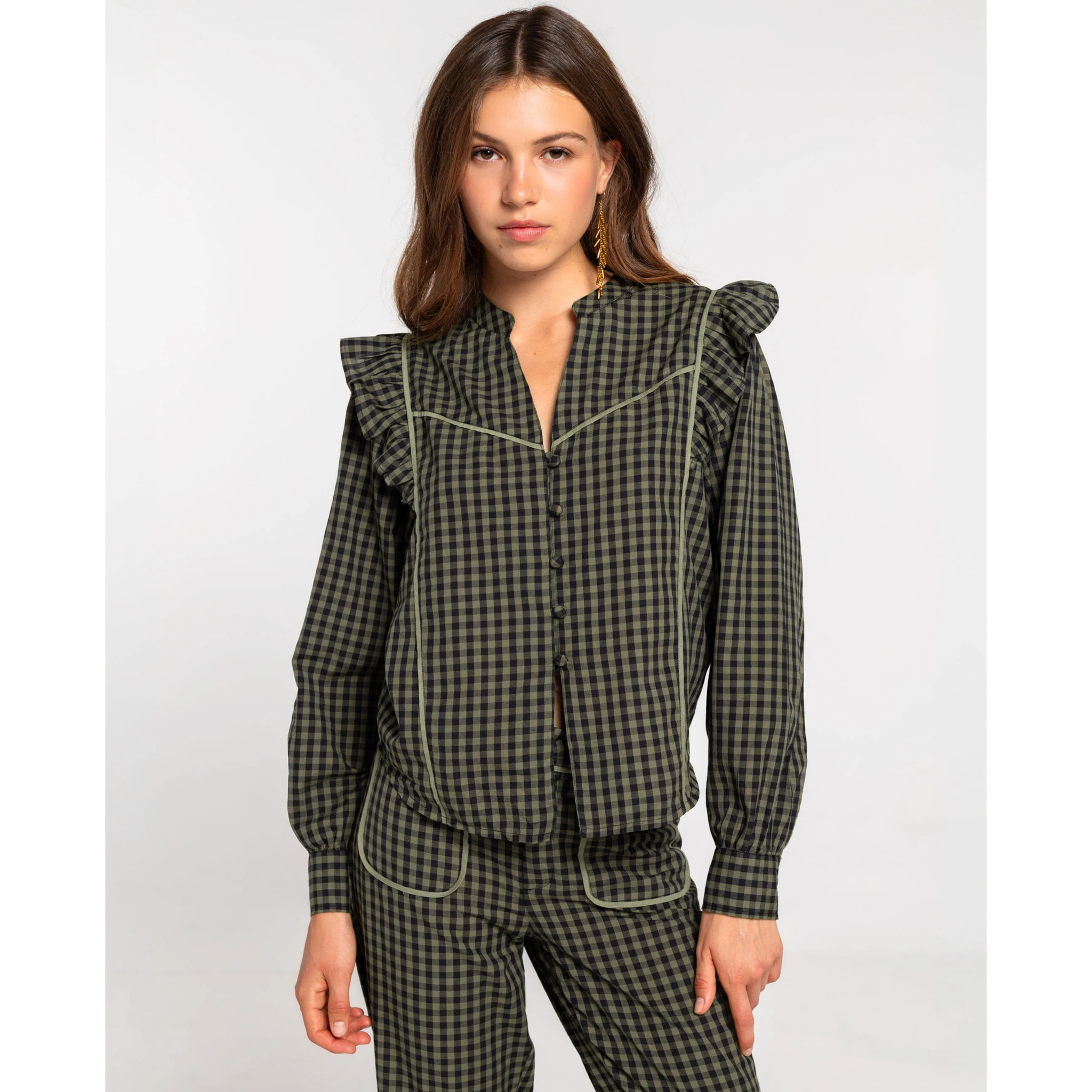 Blusa con estampado de cuadros vichy verde