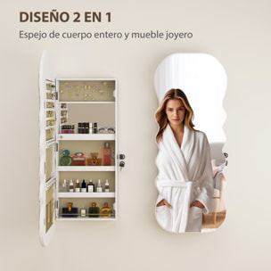 Espejo Joyero con Luz LED de 3 Colores, Armario Joyero Montado en la Pared o en la Puerta, Armario para Joyas con Cerradura, Espejo Entero, Diseño Ondulado, Blanco