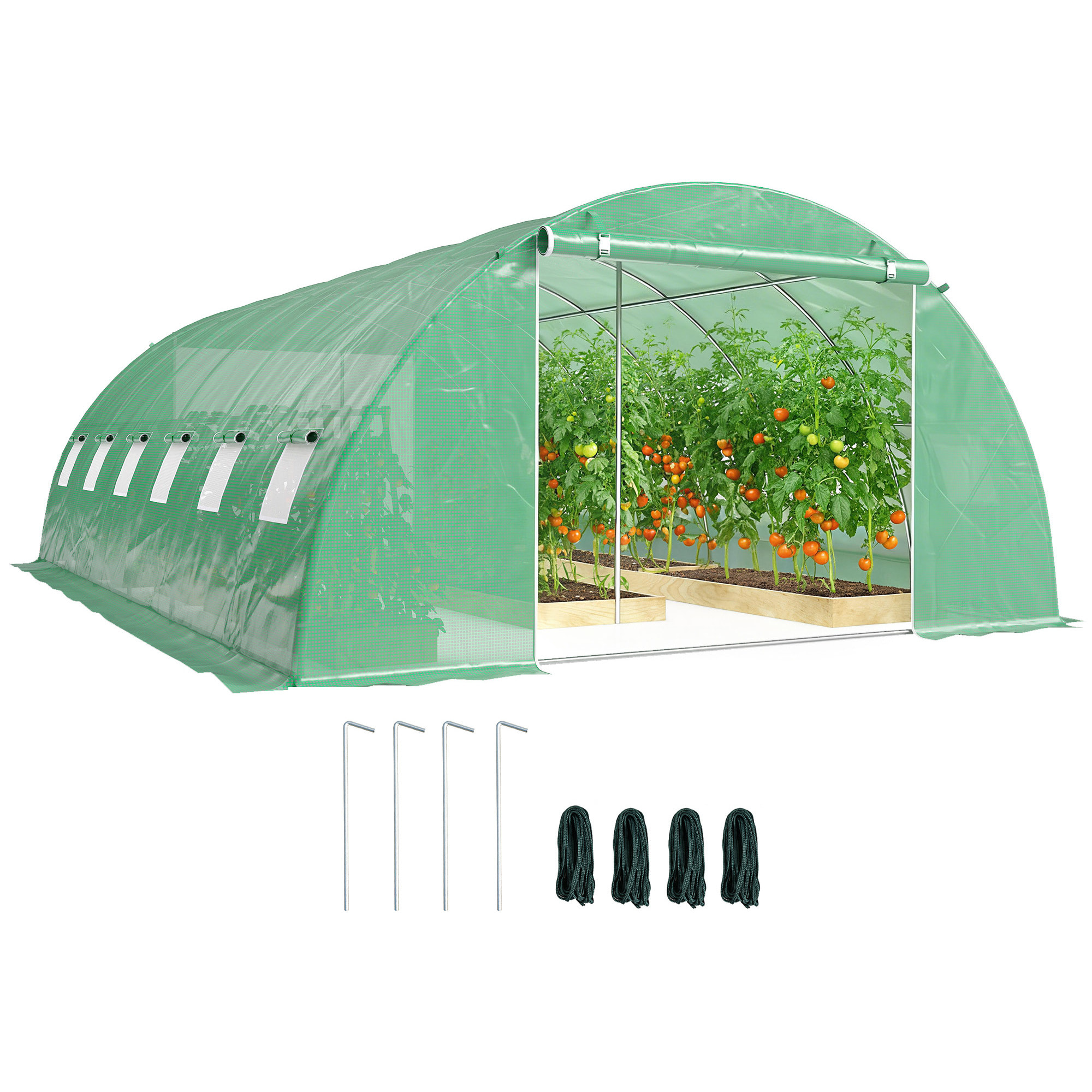 Invernadero de Exterior 6x4x2 m, Invernadero de Túnel con 2 Varillas de Soporte, Puertas Enrollables, Ventanas de Malla, Cubierta PE y Marco de Acero Galvanizado, Anti-UV, Impermeable, Verde
