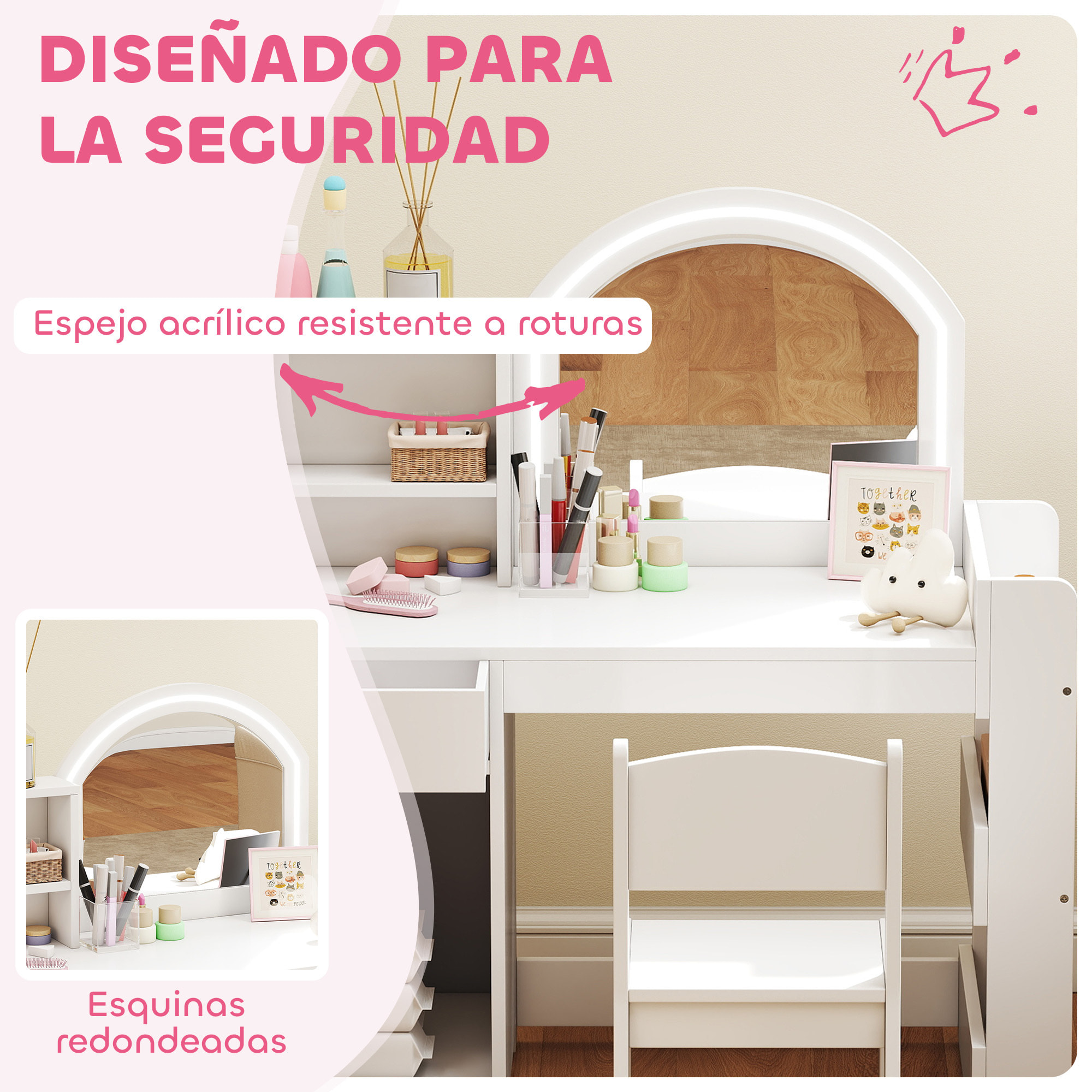 Tocador de Maquillaje Niña, Tocador Infantil con Taburete y Espejo con Luces LED, 1 Cajón, Armario y 5 Estantes, para Niños de 3 a 8 Años, Blanco