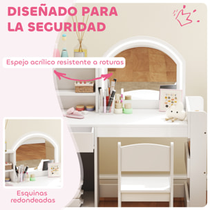 Tocador de Maquillaje Niña, Tocador Infantil con Taburete y Espejo con Luces LED, 1 Cajón, Armario y 5 Estantes, para Niños de 3 a 8 Años, Blanco