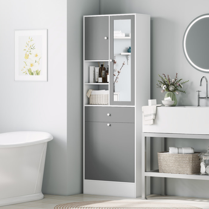 Meuble haut de salle de bain avec miroir - panier à linge à bascule, 2 portes, 3 étagères, 2 niches, tiroir - blanc gris