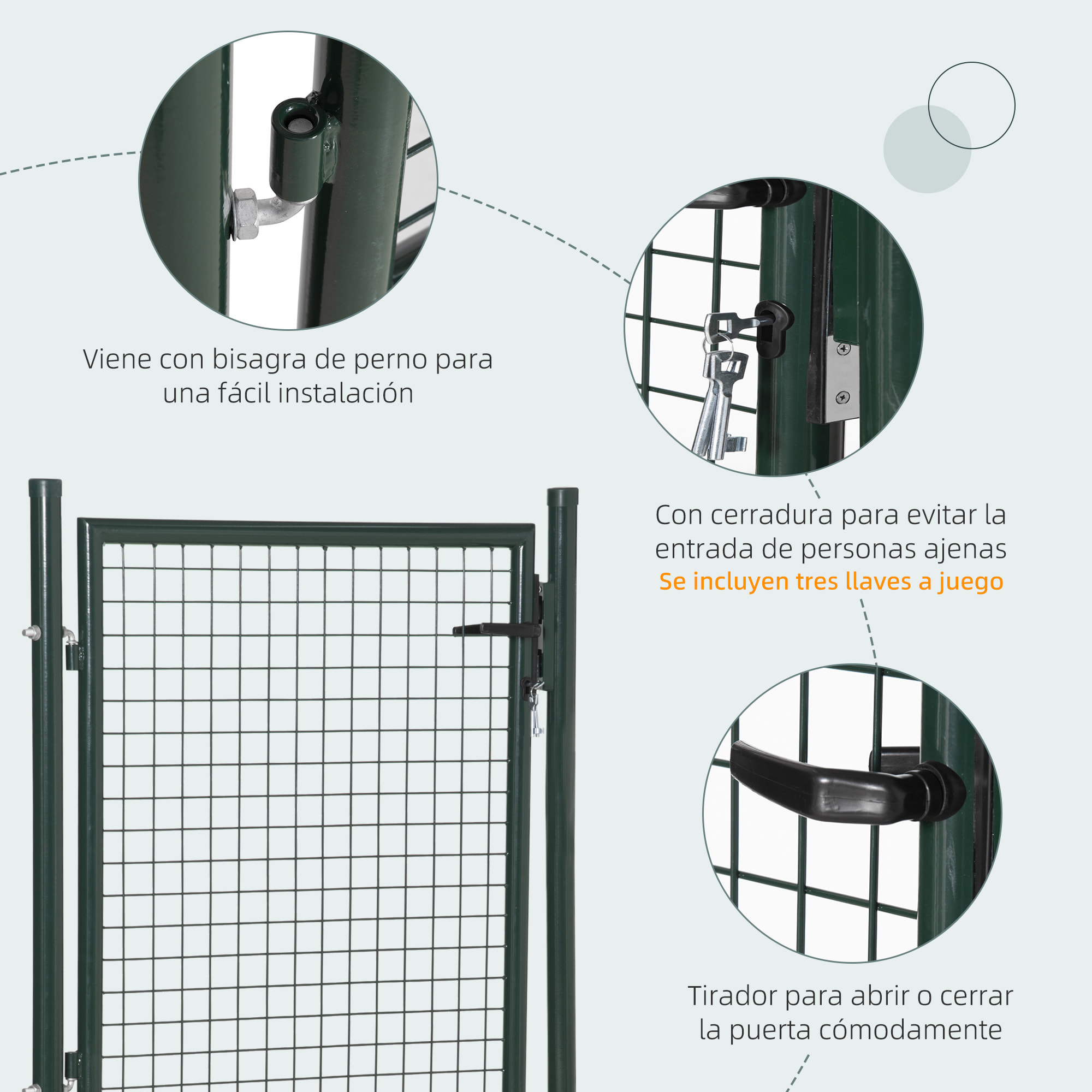 HOMCOM Puerta Verja de Jardín de Acero con Cerradura Manija y 3 Llaves 97x150 cm
