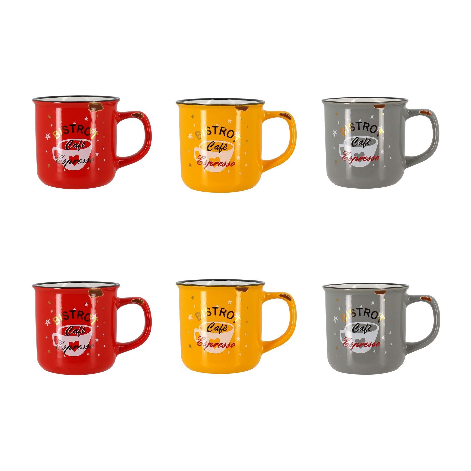 Lot de 6 mugs à café en grès - 3 couleurs assorties 33cl CAFETARIA