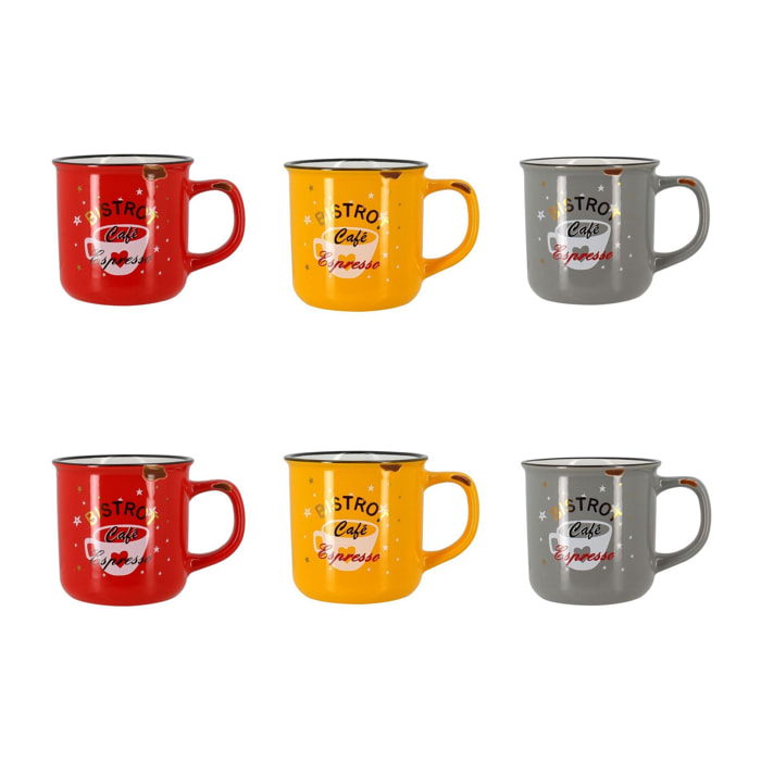 Lot de 6 mugs à café en grès - 3 couleurs assorties 33cl CAFETARIA