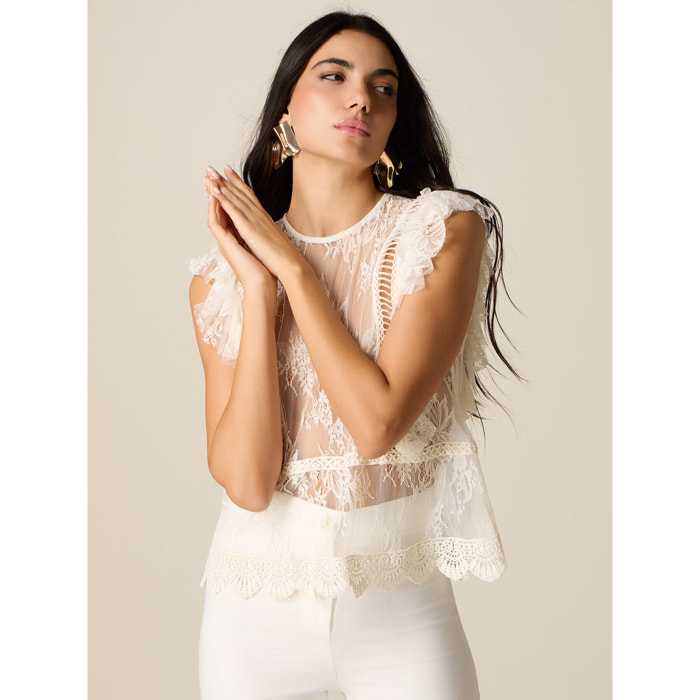 Oltre - Top in tulle ricamato see-through - Bianco