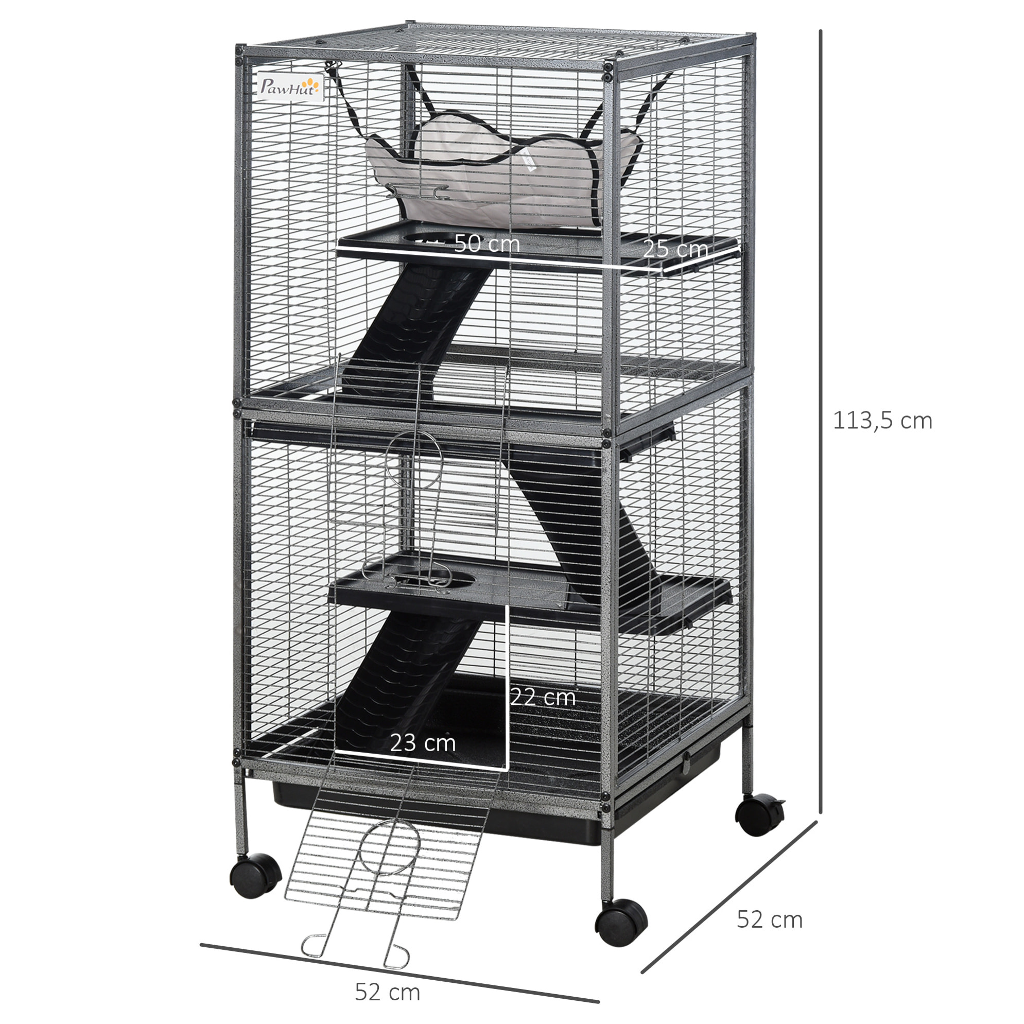 Cage pour petits animaux portable avec 2 portes hamac métal PP 52 x 52 x 113,5 cm gris