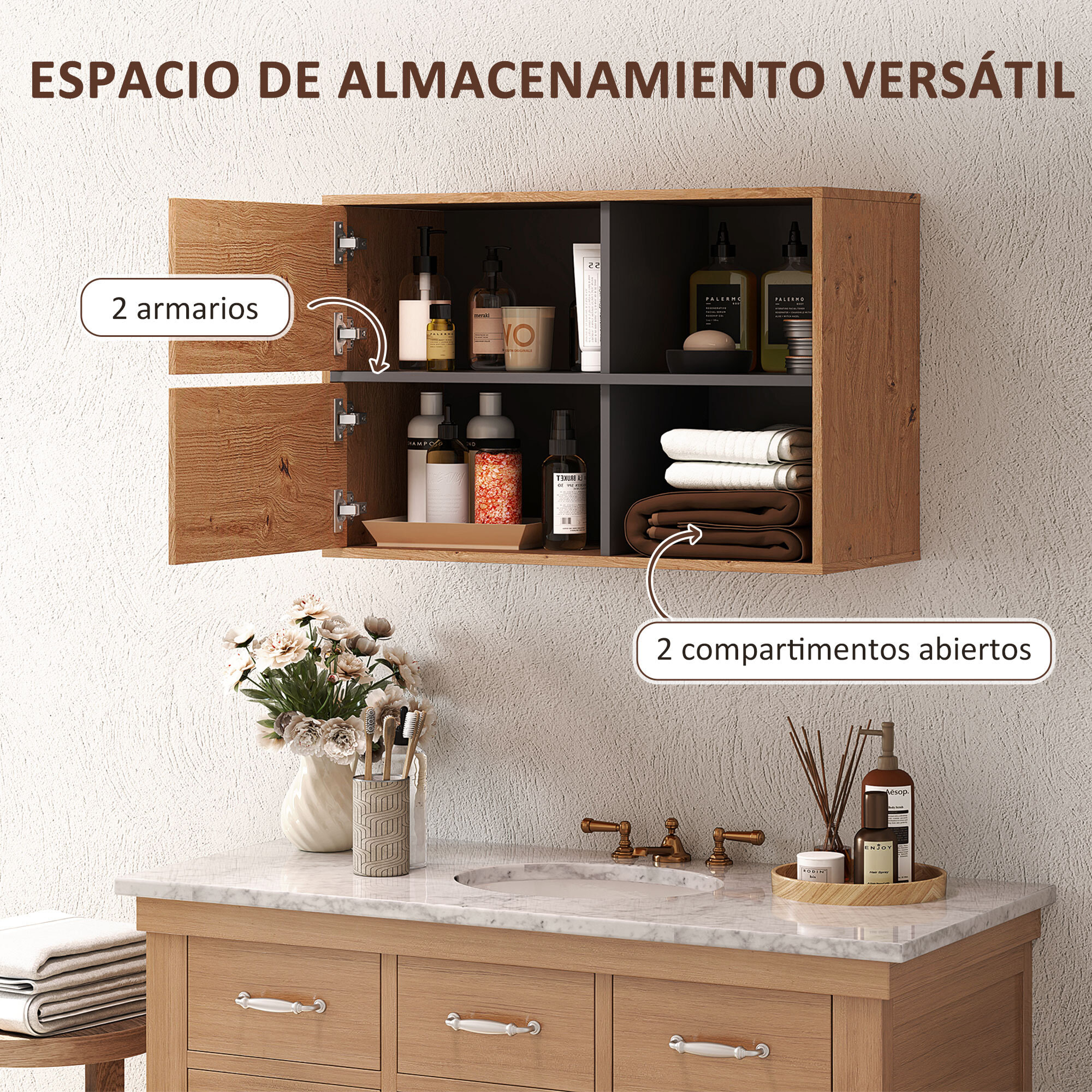 Mueble Auxiliar de Baño Armario de Baño de Pared con Compartimentos Abiertos y 2 Puertas Mueble de Baño Moderno para Cocina Entrada 80x35x57,5 cm Natural