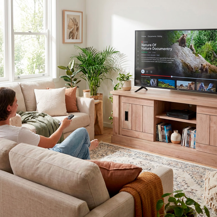 Mobile Porta TV 2 Ante Scorrevoli Con Vano A Giorno Con 2 Scomparti Interni Design Moderno Salvaspazio Per Soggiorno 145 x 46 x 60 Cm Colore Noce