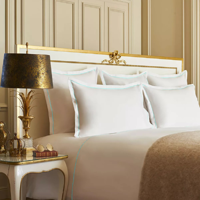 Lot h.couette +taies satin de coton jeu d'unis blanc Palace bourdon vert d eau