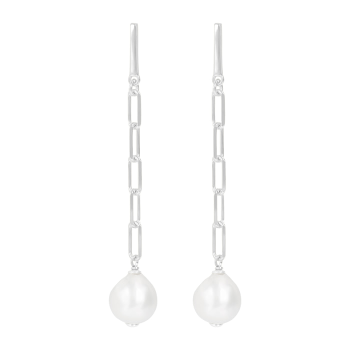 PERLAVIVA - Orecchini Pendenti in Argento 925 placcato Rodio con Perle Bianche d'Acqua Dolce Ø10/11mm