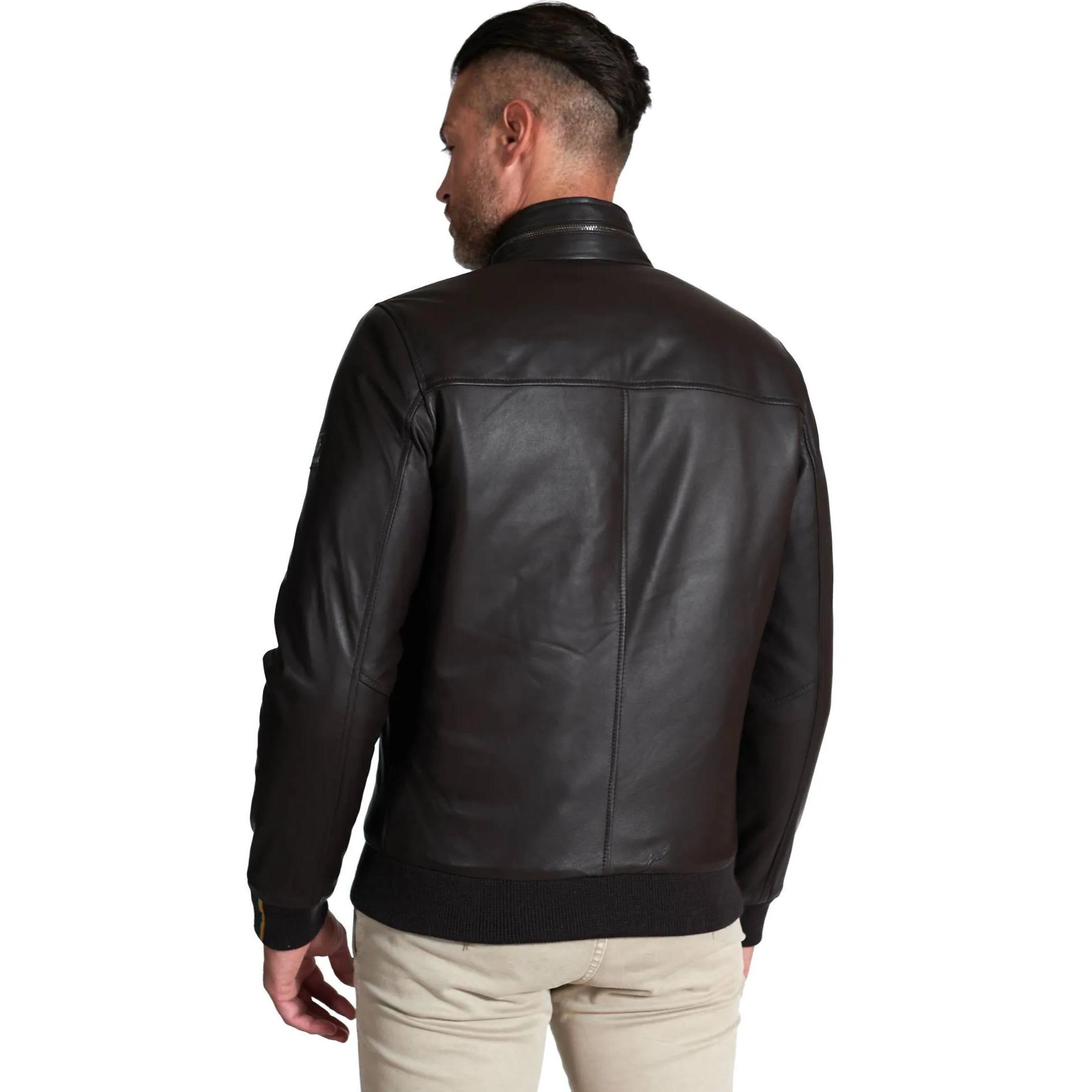 Bomber imbottito in pelle nappa marrone collo coreana con cerniera