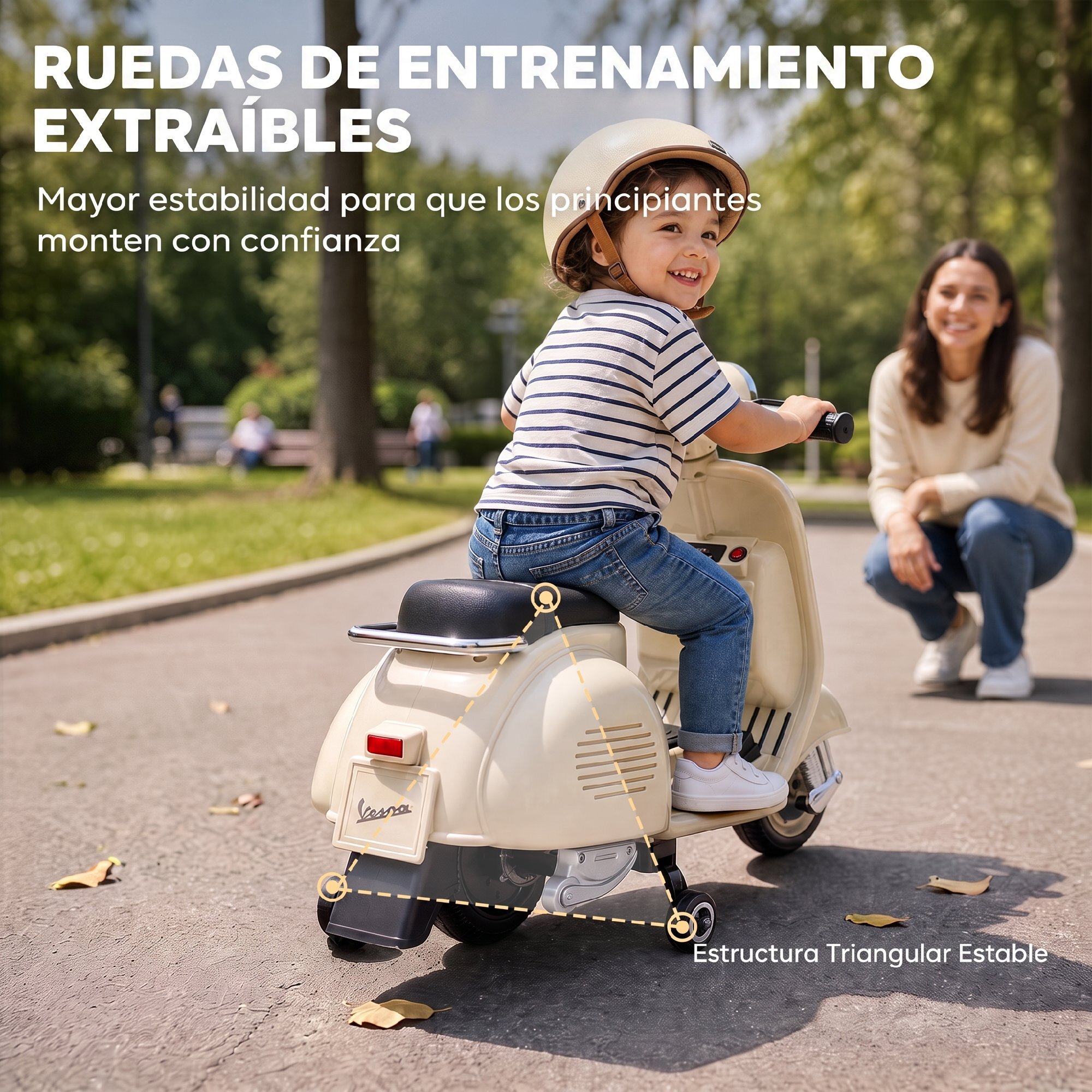 Moto Eléctrica para Niños Licencia VESPA 6V, Moto Eléctrica Infantil con Arranque Suave, Ruedines Desmontables, Luz Delantera, Música, Bocina, USB, Avance, Atrás, para Niños +3 Años, Blanco