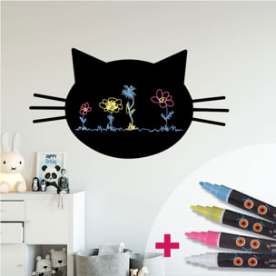 Sticker ardoise tableau noir - stickers muraux adhésif effaçable - TÊTE DE CHAT + 4 CRAIES LIQUIDES