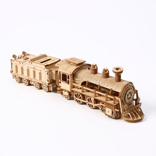 Maqueta de Madera 3D, diseño de Tren de vapor con movimiento mecánico. 282 piezas.