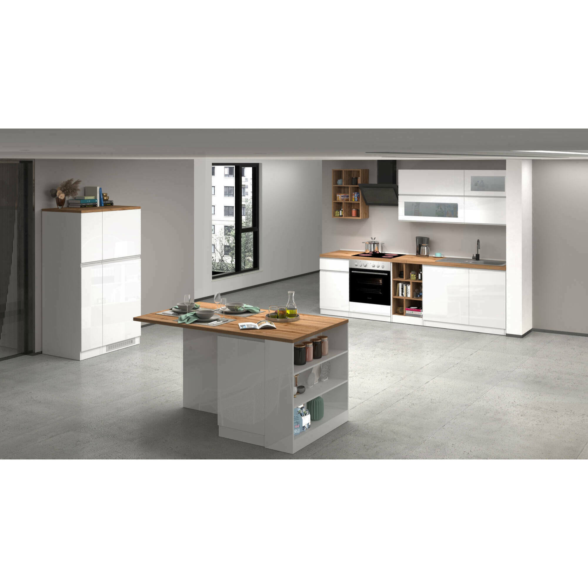 Cucina completa Daquilant, Set da cucina modulabile, Cucina componibile con più elementi, 100% Made in Italy, Bianco lucido e Rovere