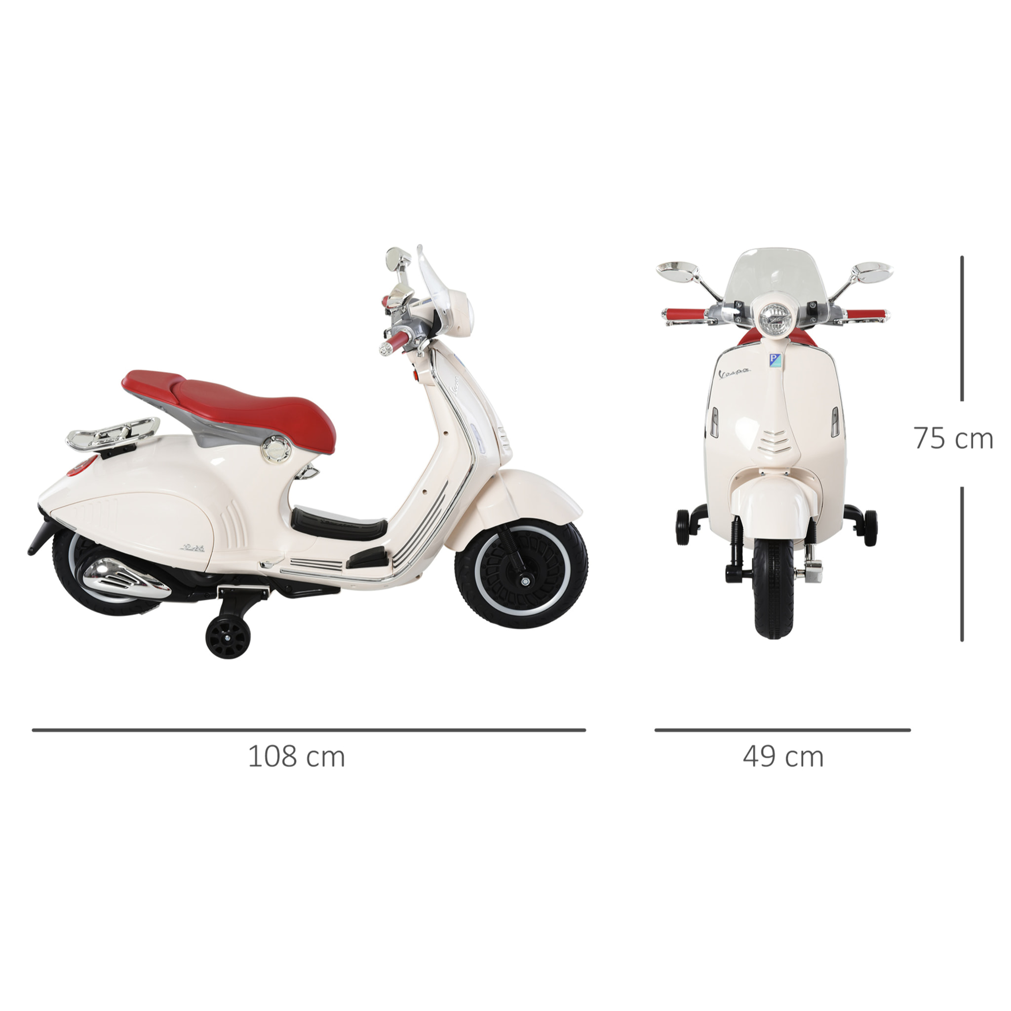 Scooter moto électrique enfant Vespa 6V 30W 2 roulettes auxiliaires effets sonores lumineux crème