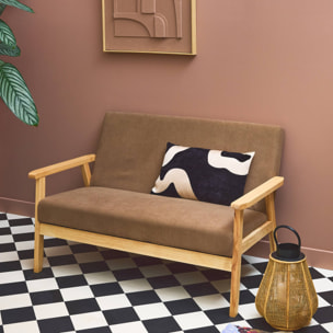 Banquette canapé 2 places en bois et tissu velours côtelé coloris taupe. Isak. L 114 x P 69.5 x H 73cm