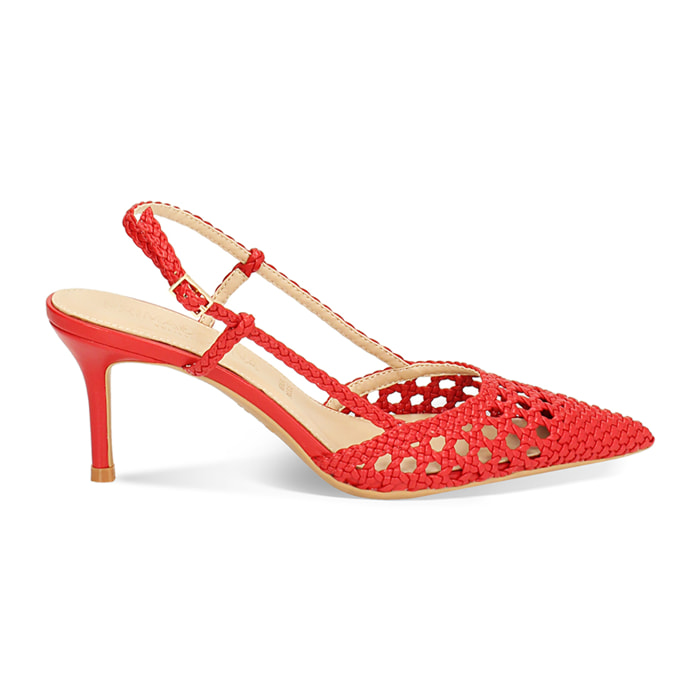 Zapatos de tacón slingback rojos para mujer con trenzado