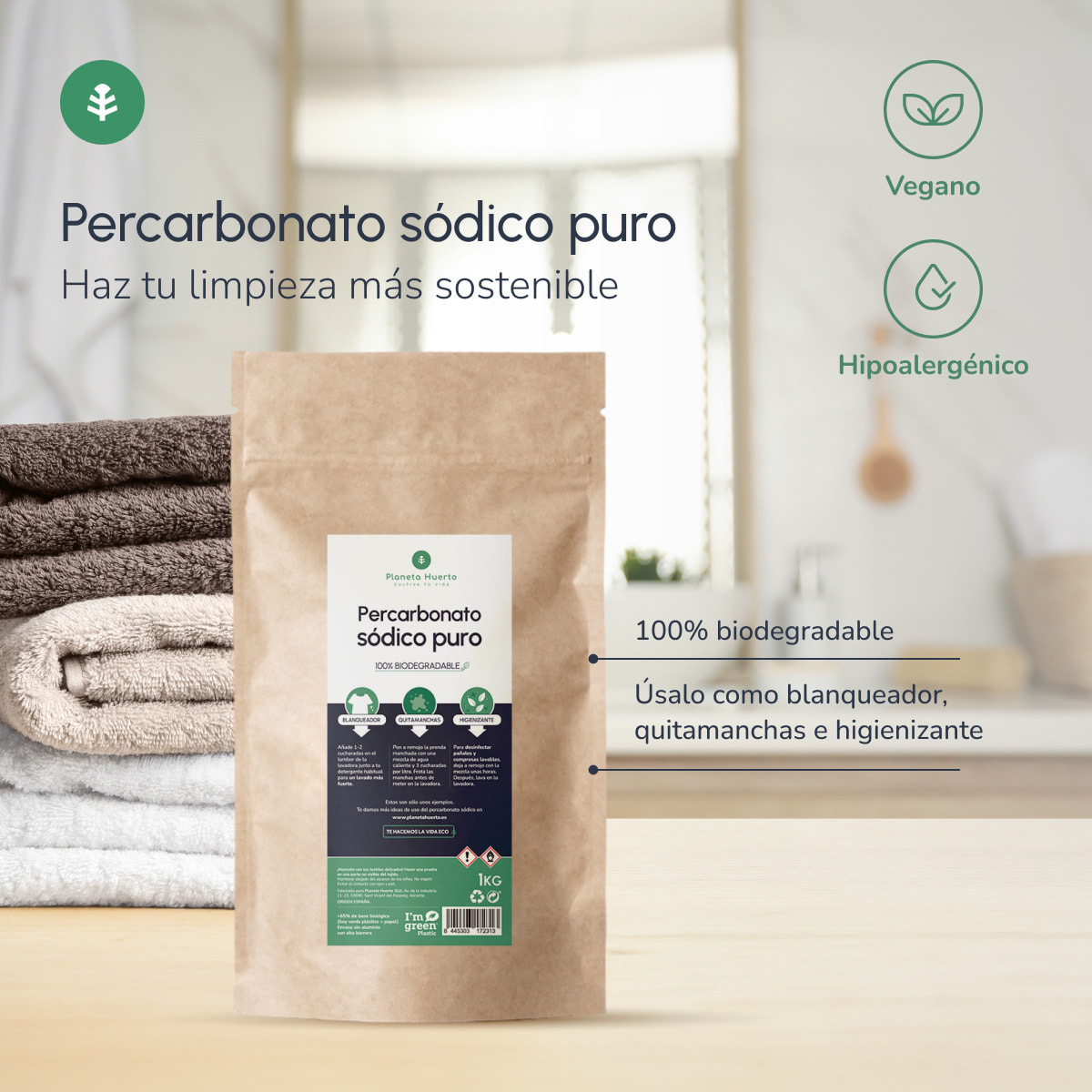 PLANETA HUERTO | Percarbonato Sódico 2,5 kg – Bolsa de Papel Kraft con Blanqueador y Quitamanchas Ecológico para Ropa Blanca y de Colores