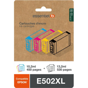 Cartouche d'encre ESSENTIELB Pack Compatible E502 XL (Noir + 3 Couleurs Haute Capacité)